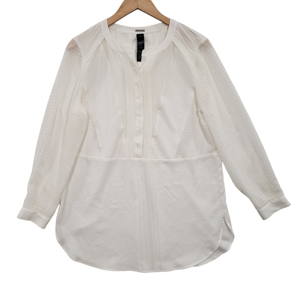 Chicos Black Label White Sheer Sleeve Pleated Tunic Blouse Top Size M Minimalist